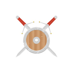 The concept of medieval weapons. A beautiful wooden round medieval shield with two crossed swords positioned behind the shield. the heraldic sign of the shield and sword. Vector on white background.