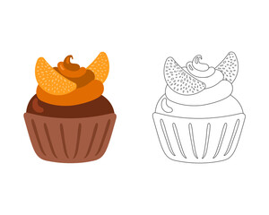 Black and white background in doodle style. Hand drawn Coloring pages with Cupcakes cake candy. Zentangle coloring book page