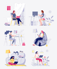 Freelance people. Set of illustrations of characters, young people work at home on the computer. Interiors at home, coworking. The concept of self-employment. Vector. Flat cartoon style. Illustration.