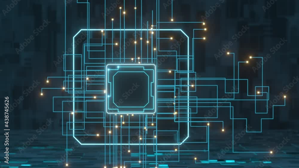Poster circuit lines and chip with black background, 3d rendering.