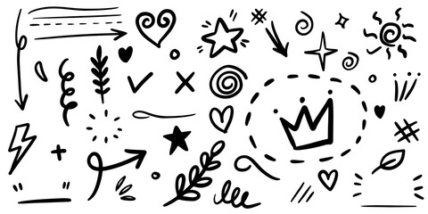 hand drawn set of curly swishes, swashes, swoops. Abstract arrows,  Arrow, heart, love, star, leaf, sun, light, crown, king, queen, on doodle style for concept design. vector illustration.