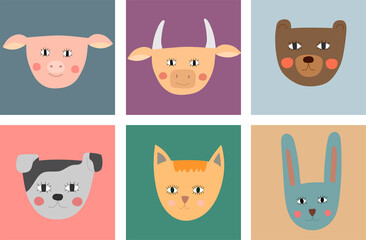 Set of cute animal faces. Hand drawn cartoon characters. Good for baby card and invitation.