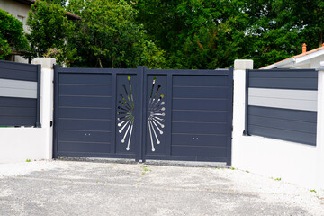 portal dark grey steel metal gate gray of home suburb street access house garden
