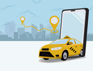 Taxi out from phone. Booking online taxi service graphic design vector illustration - obrazy, fototapety, plakaty