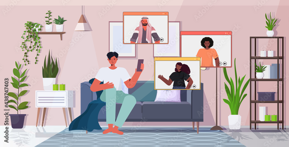 Poster man chatting with mix race colleagues during video call people in web browser windows having online 
