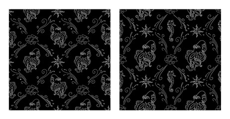Underwater world in a 2 geometric seamless pattern. White silhouette octopus and seahorse on black background.