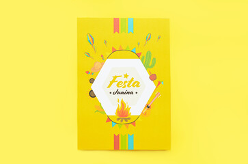 Greeting card for Festa Junina (June Festival) on color background