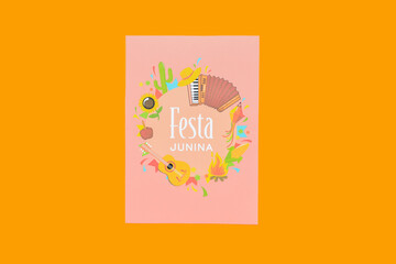 Greeting card for Festa Junina (June Festival) on color background