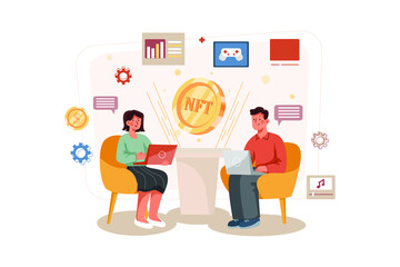 Fototapeta premium (NTF) Non Fungible Token Illustration concept for Blockchain Technology. Flat illustration isolated on white background.