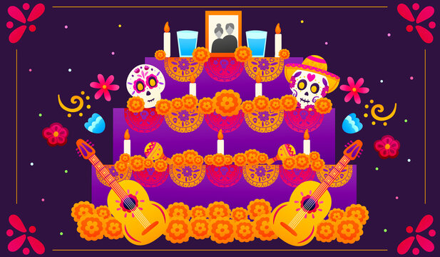 Traditional altar for dia de los muertos with musical instruments and merigolds, sugar skulls with floral elements, festival banner design in cartoon style, celebration day of death