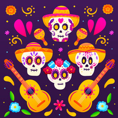 Colourful dia de los muertous greeting card, square composition with sugar skulls, flower elements, sombreros and musical instruments, happy day of dead, mexican festival celebration