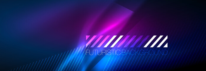 Neon glowing lines, magic energy and light motion background. Vector wallpaper template