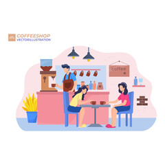 Young People Characters Dinning and Working in modern Coffehouse. Woman and Man Working and Drinking Coffee. Coworking Loft Office with Cafe. Freelancers at Work. Flat Cartoon Vector Illustration.
