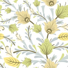 Silver vegetable seamless pattern. Cool ornament. Interlacing of branches and flowers. Background illustration. Elegant fashionable. Flat isolated background. Vector