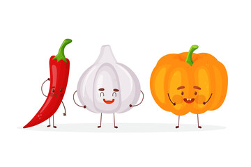Cute fruit and vegetable cartoon characters isolated on white background vector illustration. Funny garlic, pumpkin.