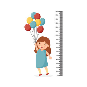 Cartoon cute girl measuring her height with a large ruler and standing on tiptoe and holding balloons