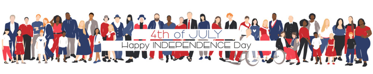 Fototapeta premium Happy Independence Day card. Multicultural group of mothers and fathers with kids. Flat vector illustration.