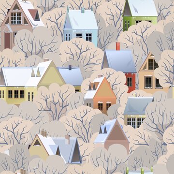Rural houses. Seamless pattern. Trees. Winter season. Gable roofs are covered with snow. Nice and cozy suburban village. Flat cartoon style. Vector art