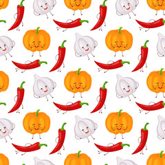 Seamless happy vegetables food fun illustration background pattern in vector.
