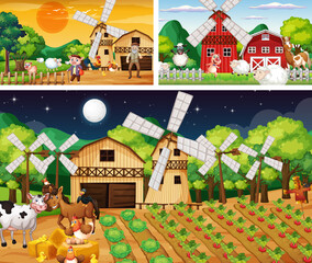 Set of farm scenes at different times
