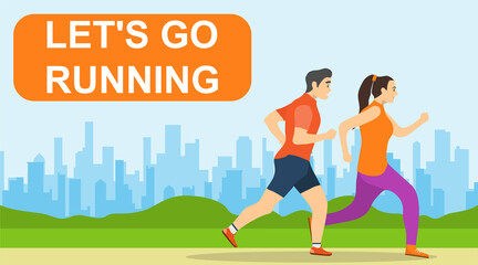 Running people, man and woman run against the background of the urban landscape. Vector illustration.