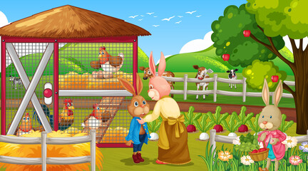 Garden scene with many rabbits cartoon character