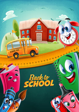 Back to school vector illustration with scene with school building and bus traveling to school with cheerful characters friends