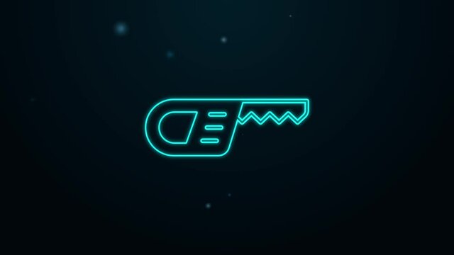 Glowing neon line Reciprocating saw and saw blade icon isolated on black background. 4K Video motion graphic animation