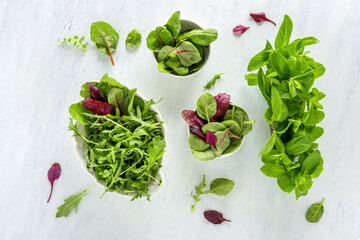 Fresh spicy herbs - mint, arugula, spinach and beetroot in a white bowls on a white table. Top view