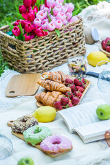 Outdoors picnic in a lush green park with a tasty croissant, fruits, donuts and wine on grass. Summer picnic on the blanket.