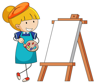 Little artist cartoon character with blank board isolated