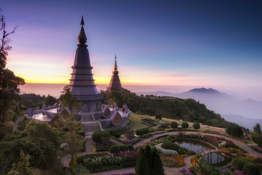 Landmark landscape pagoda in doi Inthanon national park at chiang mai Thailand, They are public domain or treasure of Buddhism