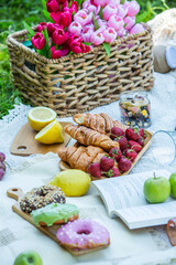 Outdoors picnic in a lush green park with a tasty croissant, fruits, donuts and wine on grass. Summer picnic on the blanket.