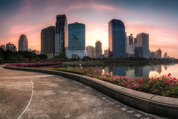 Fototapeta na wymiar City building at morning with warm sunshine. Bangkok Thailand