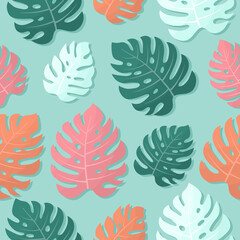Fototapeta premium Pink, orange, green monstera leaves on a blue background. Seamless tropical pattern. Suitable for background, printing on fabric, wallpaper, wrapping paper, phone case. Vector summer illustration