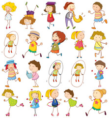 Set of different kids in doodle style