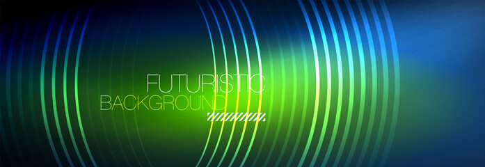 Dark abstract background with glowing neon circles. Trendy layout template for business or technology presentation, internet poster or web brochure cover, wallpaper