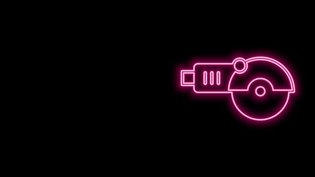 Glowing neon line Angle grinder icon isolated on black background. 4K Video motion graphic animation