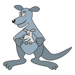 Adult kangaroo with a kangaroo cub in his pocket, funny vector illustration