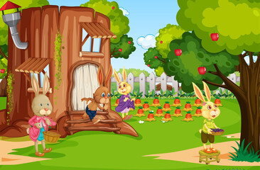 Garden scene with rabbit family cartoon character