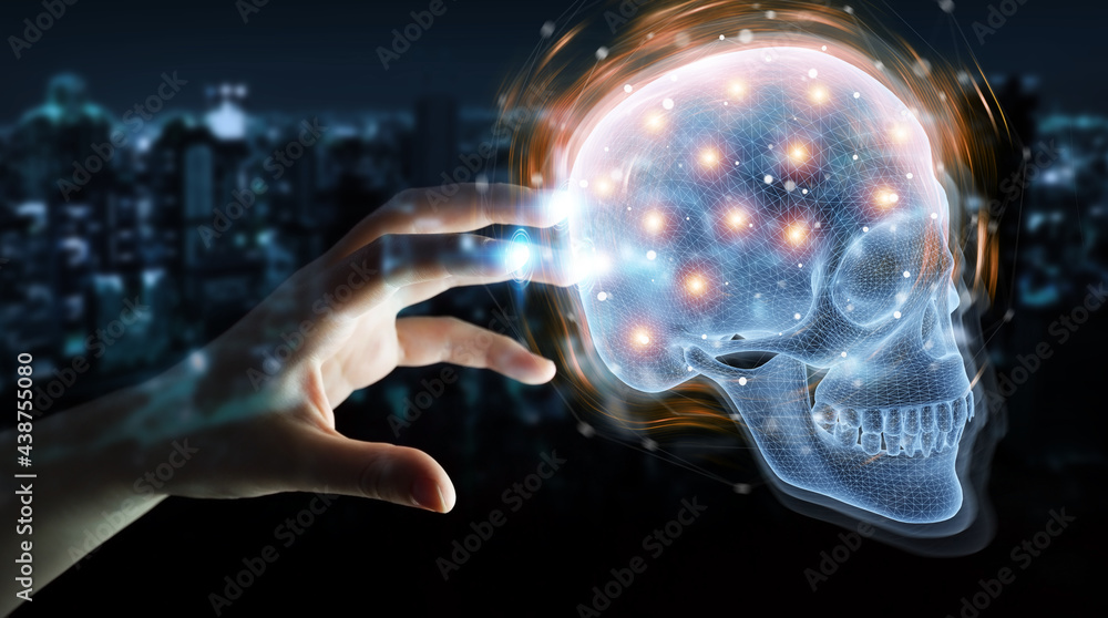 Poster Man hand using digital x-ray skull holographic scan projection 3D rendering