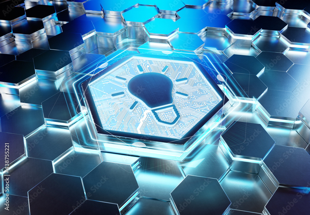 Aufkleber Lightbulb icon creativity concept engraved on metal hexagonal pedestral background. Innovation symbol glowing on abstract digital surface. 3d rendering