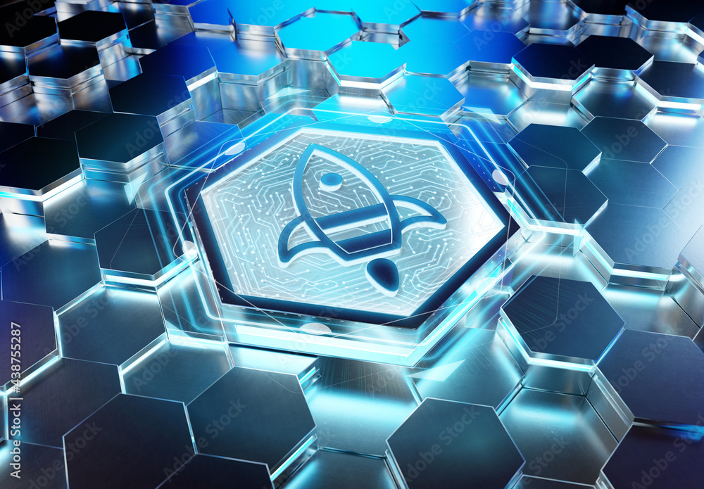 Poster Spaceship icon innovation concept engraved on metal hexagonal pedestral background. Rocket startup logo glowing on abstract digital surface. 3d rendering