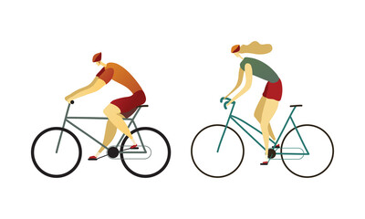 Fototapeta premium Man and Woman Riding Bicycle Enjoying Vacation or Weekend Activity Vector Set