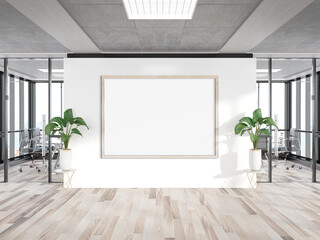 Black horizonal frame Mockup hanging on wall. Mock up of a billboard in modern wooden office interior 3D rendering
