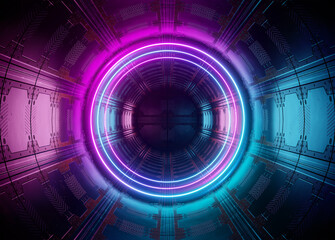 Neon style circle mockup in futuristic piping. Blue and pink modern hologram illuminated by lights in futuristic interior 3D rendering