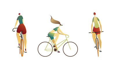 Man and Woman Riding Bicycle Enjoying Vacation or Weekend Activity Vector Set