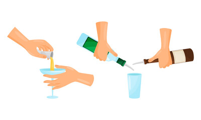 Bartender Hands Pouring and Mixing Cocktails in Glass Vector Set