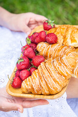 Outdoors picnic in a lush green park with a tasty croissant, fruits, donuts and wine on grass. Summer picnic on the blanket.