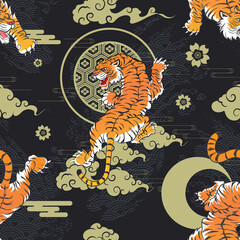 Seamless Pattern Tiger Climbing Up with Sakura Flowers Icon Surrounded with Curvy Cloud on Water Wave Brush Stroke GBlack  Background Vector Design Template for Wrapping Paper